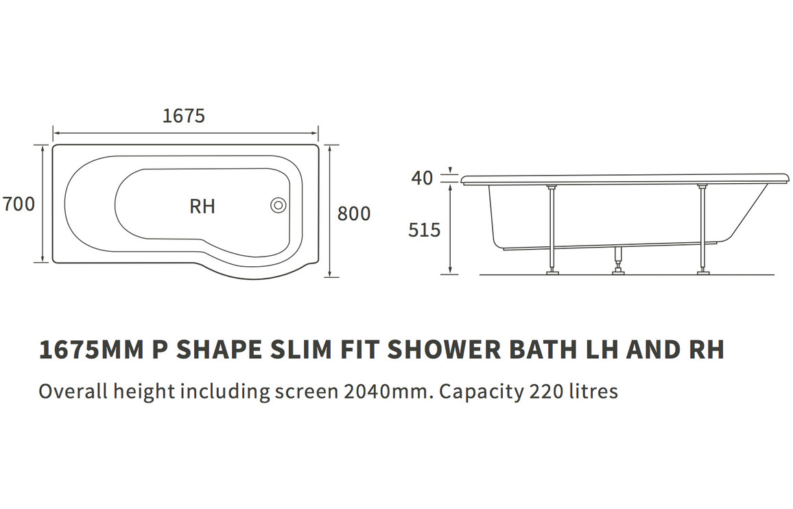 Calore PShape Slim Fit Reinforced 1675 Shower Bath RH Modern Living