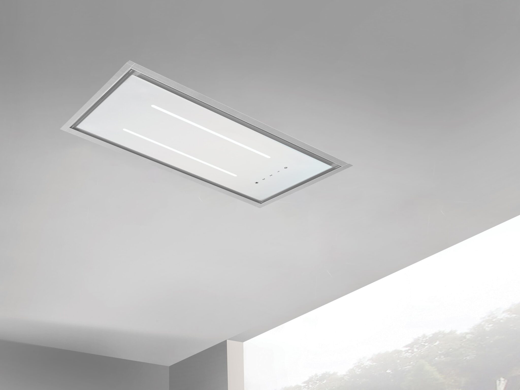 ViandPro Aria white ceiling cooker hood with stainless steel frame