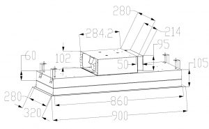 Line drawing of the Aria flush-fit ceiling hood designed to fit between ceiling joists