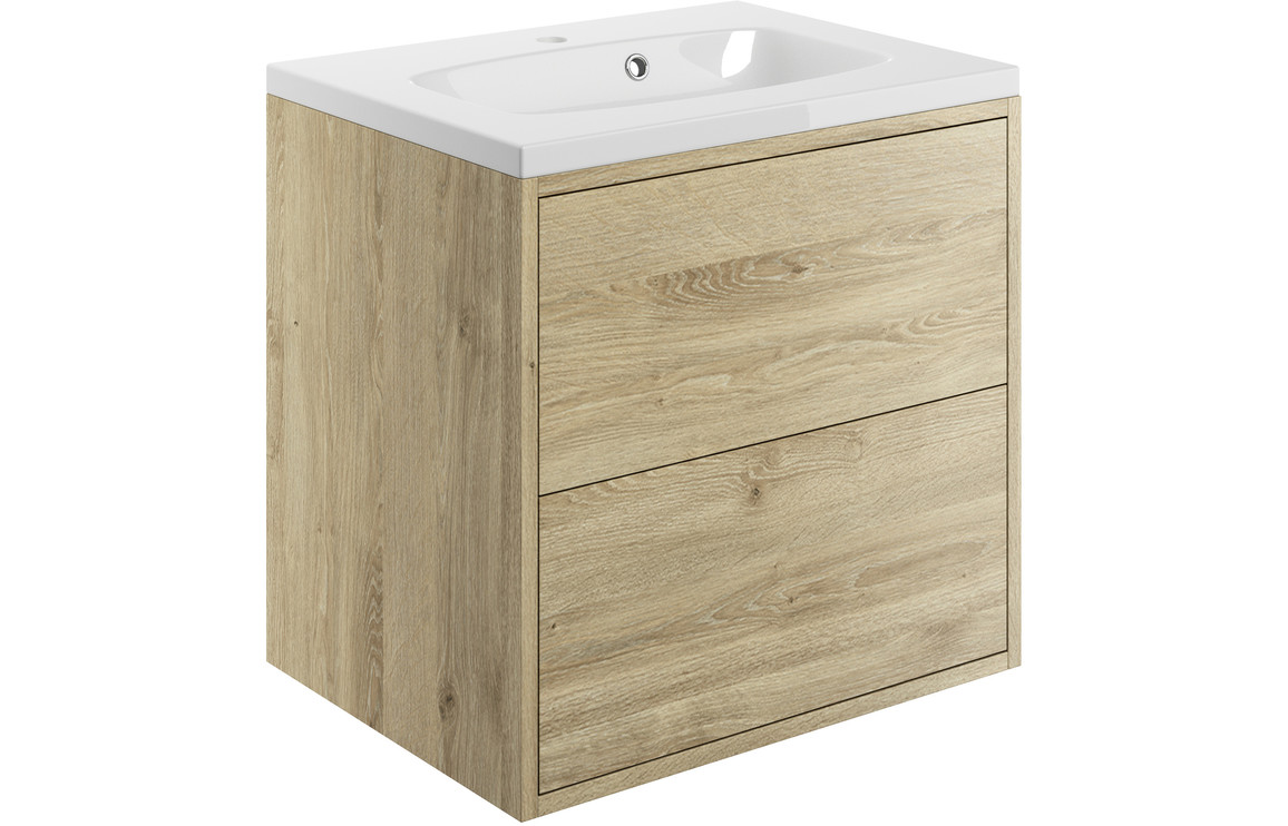 Toledo 600mm 2 Drawer Wall Hung Basin Unit Inc. Basin - Havana Oak 