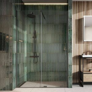 Contemporary bathroom featuring a Cudos Momentum 8mm sliding shower door with a sleek gun metal finish