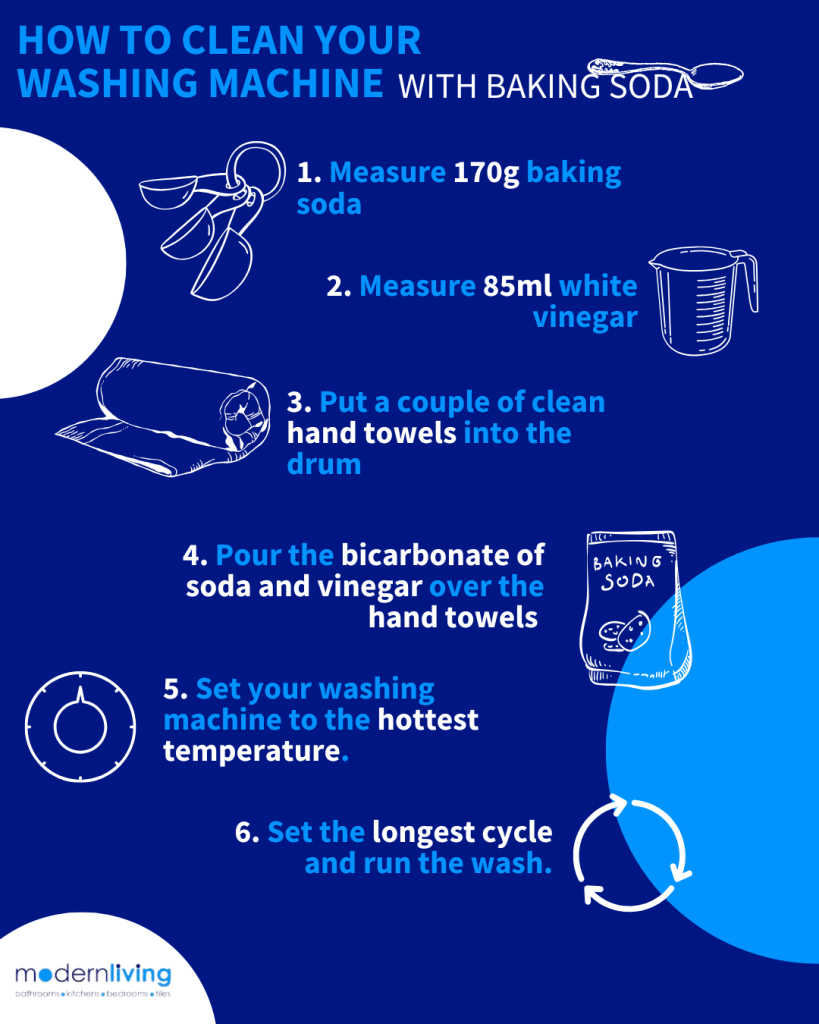 How to clean your washing machine drum with baking soda. Measure 170 grams of baking soda and 85 millilitres of white vinegar. Place a couple of clean towels into the drum and pour the bicarbonate of soda and vinegar over the top of them. Set your washing machine to the highest temperature and longest cycle and run the wash to thoroughly clean the drum.