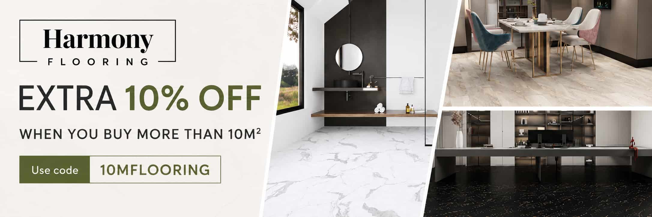 Harmony Flooring offer banner - save 10% when you buy more than 10m² with code 10MFLOORING