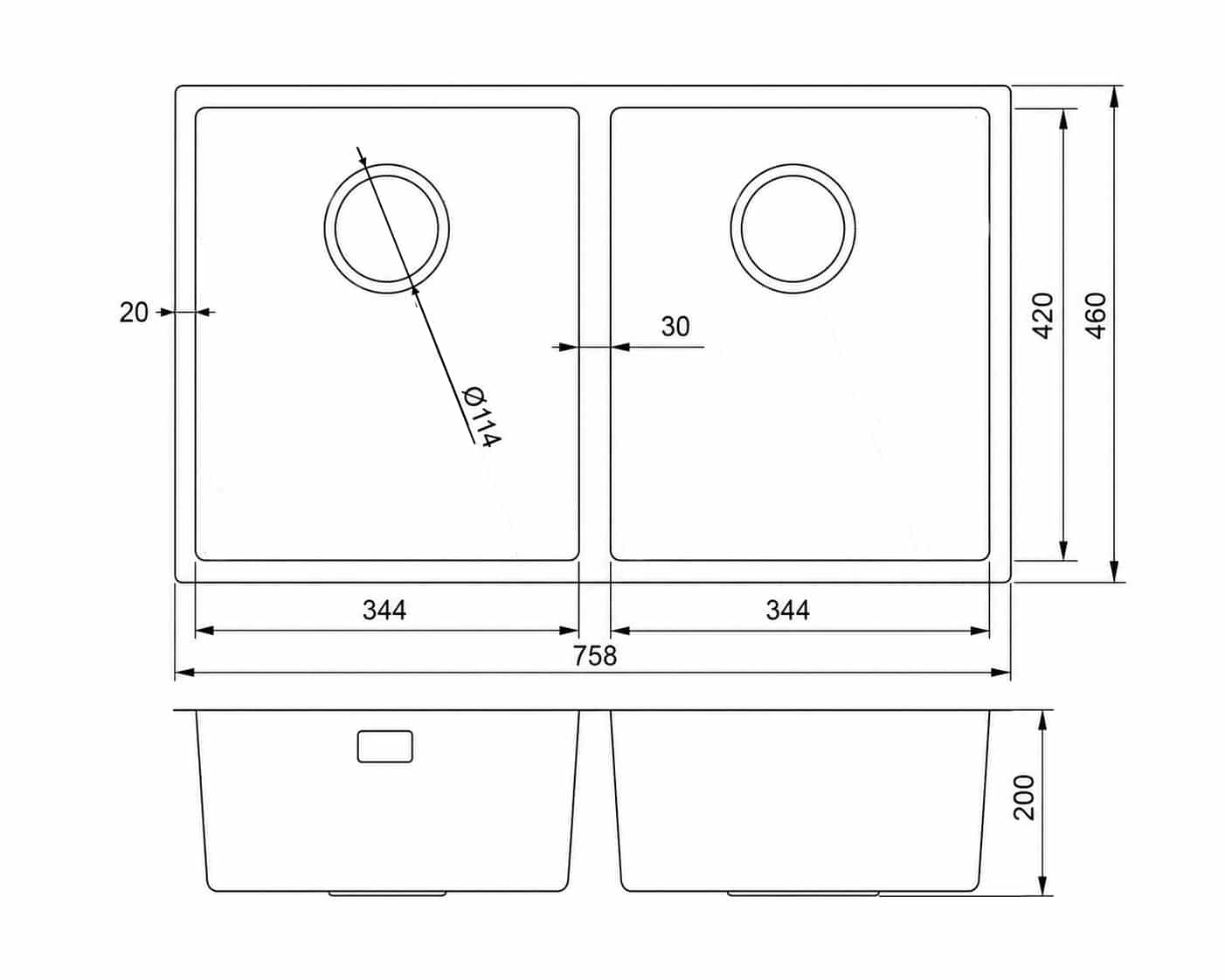 Zara 745 x 440mm double bowl undermount sink dimensions